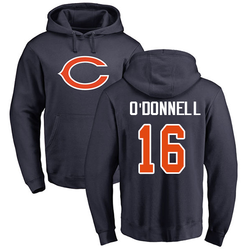 Chicago Bears Men Navy Blue Pat O Donnell Name and Number Logo NFL Football #16 Pullover Hoodie Sweatshirts